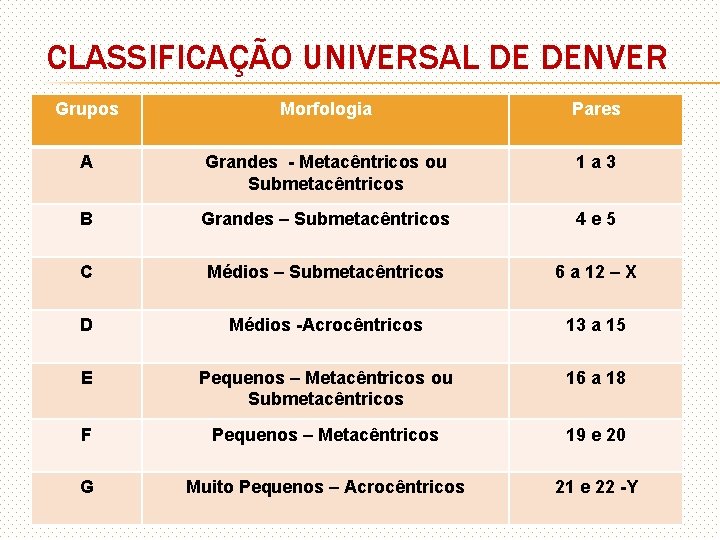 CLASSIFICAÇÃO UNIVERSAL DE DENVER Grupos Morfologia Pares A Grandes - Metacêntricos ou Submetacêntricos 1