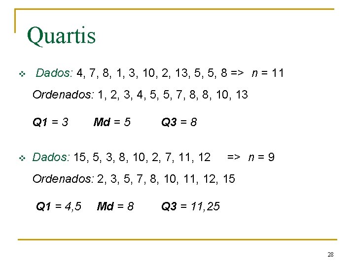 Quartis v Dados: 4, 7, 8, 1, 3, 10, 2, 13, 5, 5, 8 Quartis v Dados: 4, 7, 8, 1, 3, 10, 2, 13, 5, 5, 8