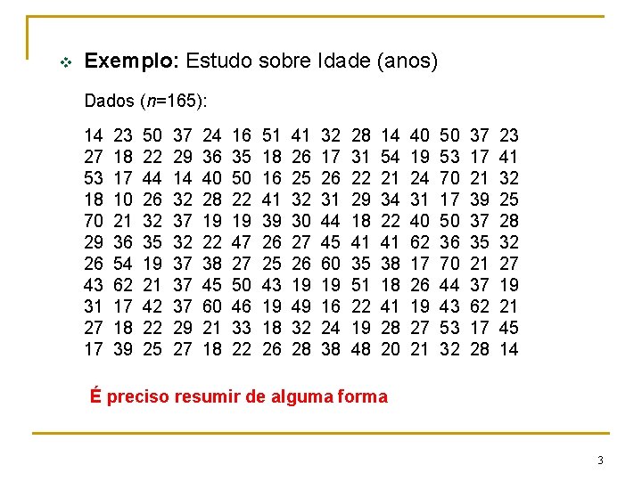v Exemplo: Estudo sobre Idade (anos) Dados (n=165): 14 27 53 18 70 29 v Exemplo: Estudo sobre Idade (anos) Dados (n=165): 14 27 53 18 70 29