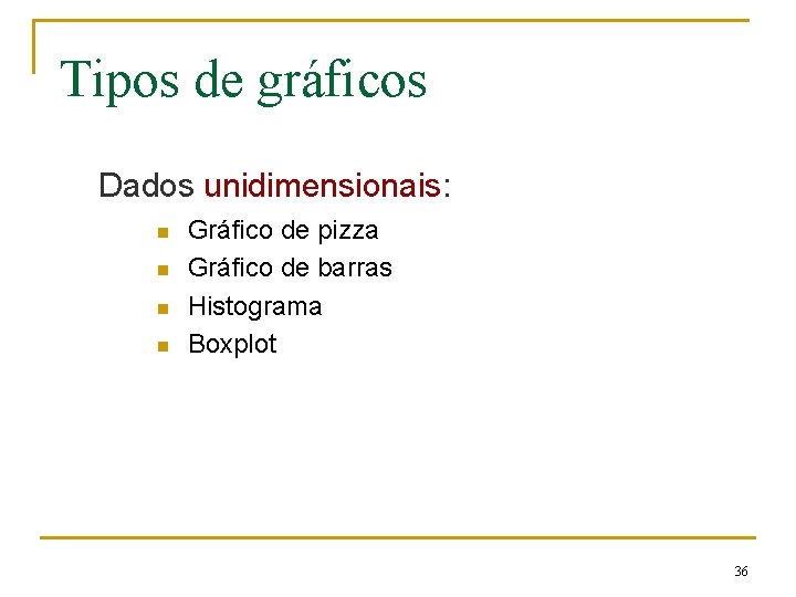 Tipos de gráficos Dados unidimensionais: n n Gráfico de pizza Gráfico de barras Histograma