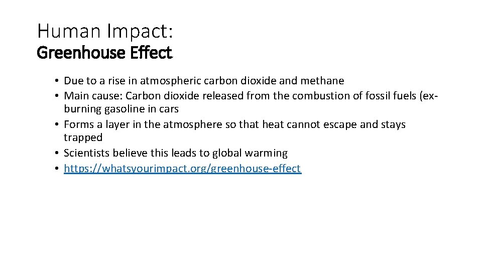 Human Impact: Greenhouse Effect • Due to a rise in atmospheric carbon dioxide and Human Impact: Greenhouse Effect • Due to a rise in atmospheric carbon dioxide and