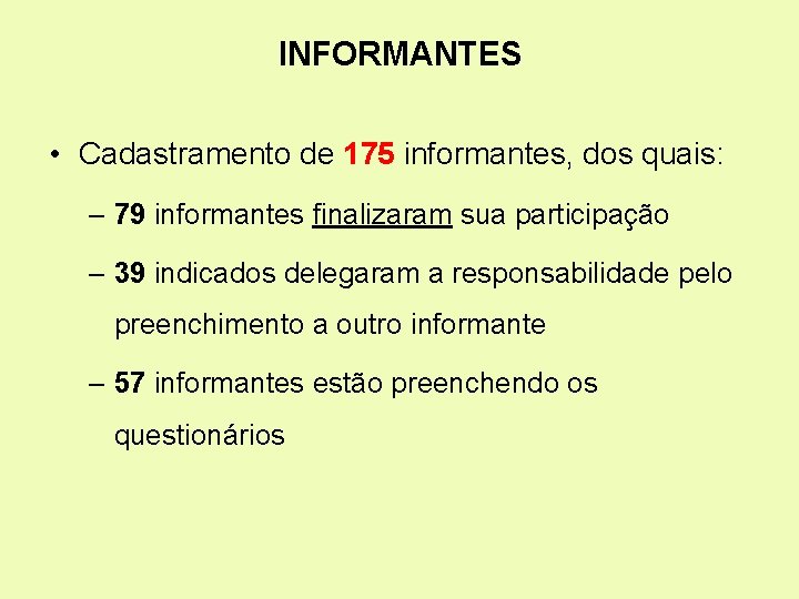 INFORMANTES • Cadastramento de 175 informantes, dos quais: – 79 informantes finalizaram sua participação