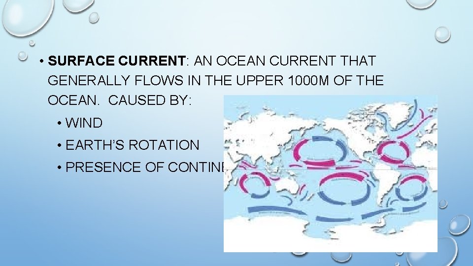  • SURFACE CURRENT: AN OCEAN CURRENT THAT GENERALLY FLOWS IN THE UPPER 1000