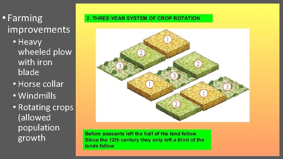  • Farming improvements • Heavy wheeled plow with iron blade • Horse collar