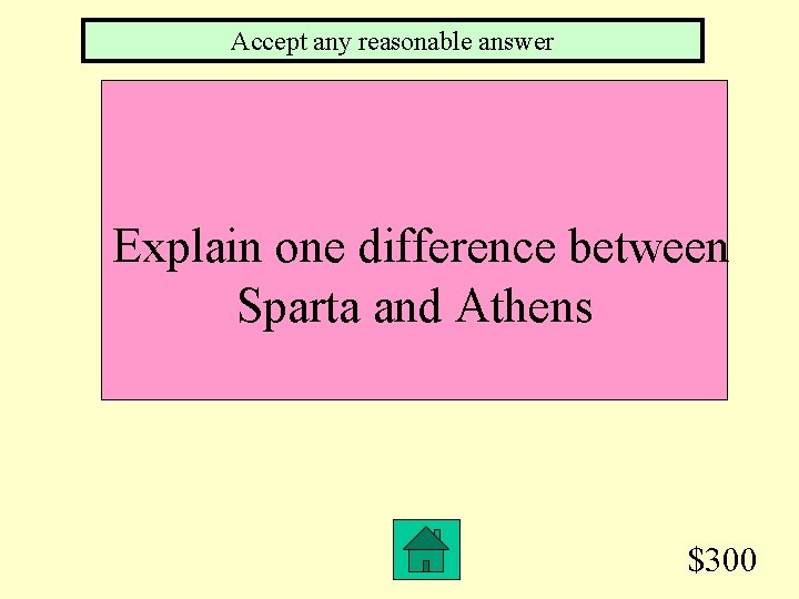 Accept any reasonable answer Explain one difference between Sparta and Athens $300 