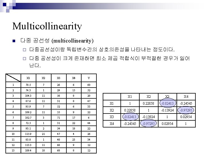 Multicollinearity n 다중 공선성 (multicollinearity) ¨ 다중공선성이랑 독립변수간의 상호의존성을 나타내는 정도이다. ¨ 다중 공선성이