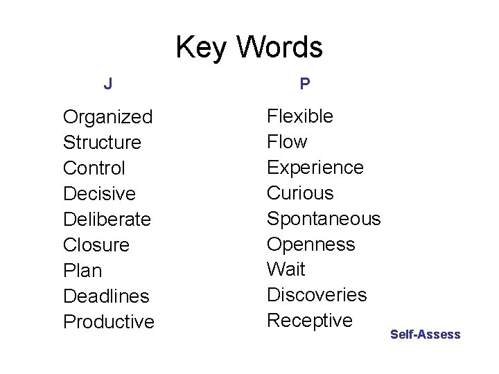 Key Words J Organized Structure Control Decisive Deliberate Closure Plan Deadlines Productive P Flexible