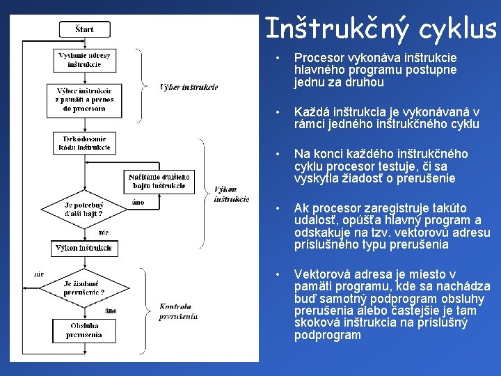 Inštrukčný cyklus • Procesor vykonáva inštrukcie hlavného programu postupne jednu za druhou • Každá