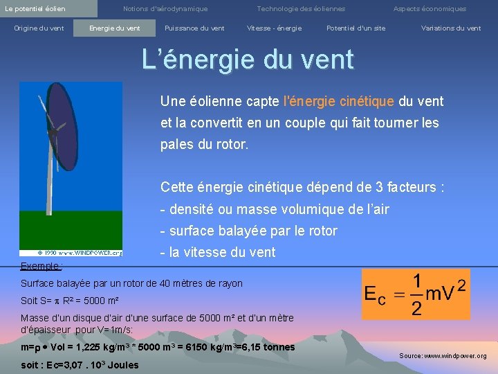 Le potentiel éolien Origine du vent Notions d’aérodynamique Energie du vent Puissance du vent