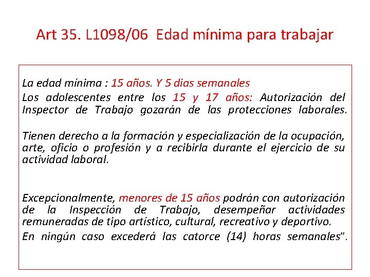 Art 35. L 1098/06 Edad mínima para trabajar La edad mínima : 15 años.