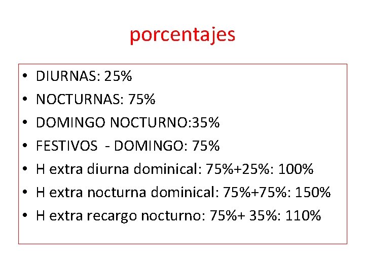 porcentajes • • DIURNAS: 25% NOCTURNAS: 75% DOMINGO NOCTURNO: 35% FESTIVOS - DOMINGO: 75%