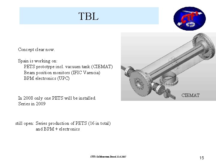 TBL Concept clear now. Spain is working on: PETS prototype incl. vacuum tank (CIEMAT) TBL Concept clear now. Spain is working on: PETS prototype incl. vacuum tank (CIEMAT)