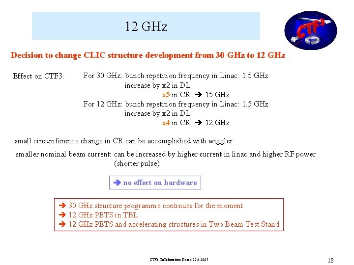 12 GHz Decision to change CLIC structure development from 30 GHz to 12 GHz 12 GHz Decision to change CLIC structure development from 30 GHz to 12 GHz