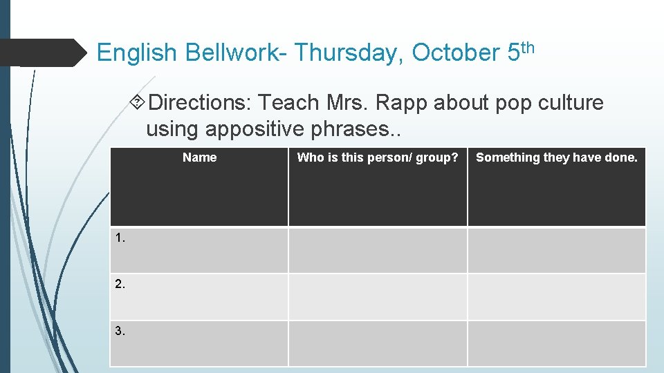 English Bellwork- Thursday, October 5 th Directions: Teach Mrs. Rapp about pop culture using