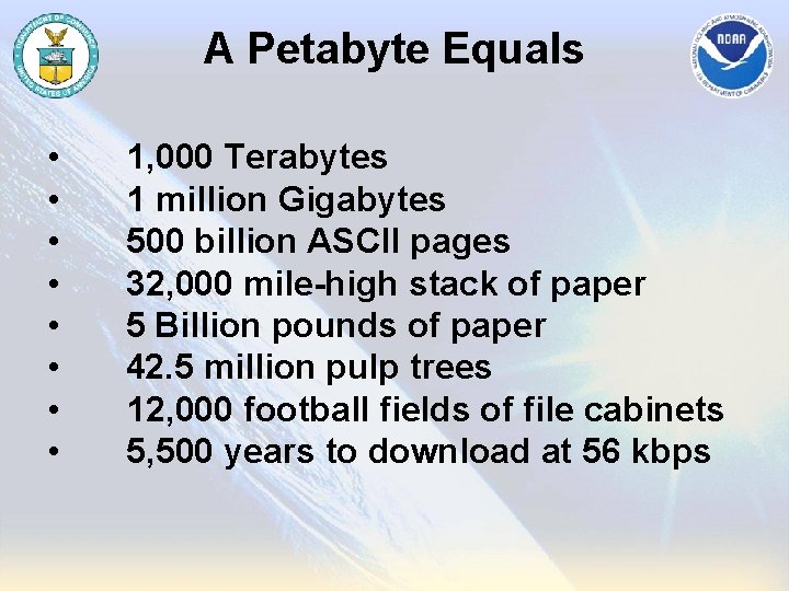 A Petabyte Equals • • 1, 000 Terabytes 1 million Gigabytes 500 billion ASCII