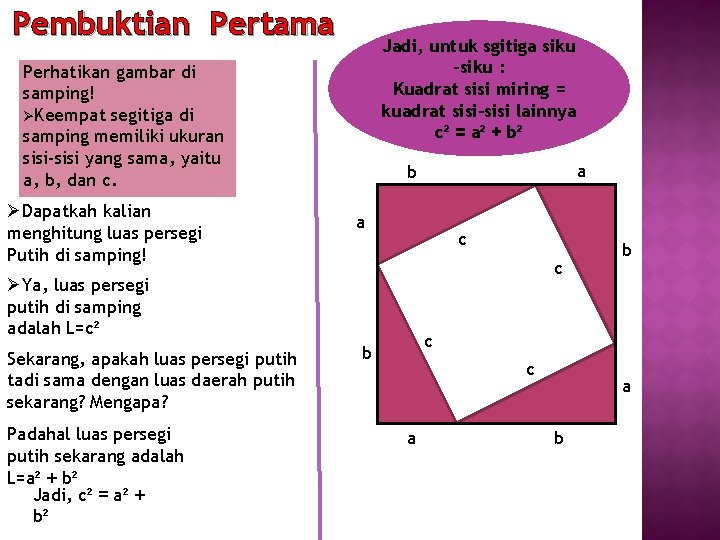 Pembuktian Pertama Jadi, untuk sgitiga siku -siku : Kuadrat sisi miring = kuadrat sisi-sisi