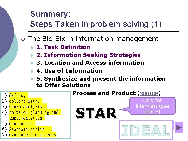 Summary: Steps Taken in problem solving (1) ¡ The Big Six in information management