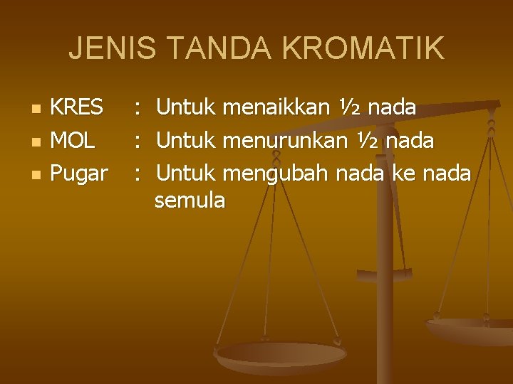 JENIS TANDA KROMATIK n n n KRES MOL Pugar : : : Untuk menaikkan JENIS TANDA KROMATIK n n n KRES MOL Pugar : : : Untuk menaikkan