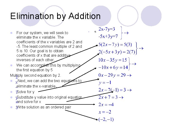 Elimination by Addition For our system, we will seek to eliminate the x variable.