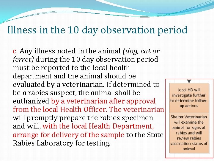 Illness in the 10 day observation period c. Any illness noted in the animal