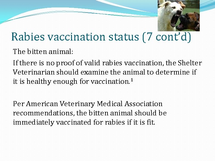 Rabies vaccination status (7 cont’d) The bitten animal: If there is no proof of