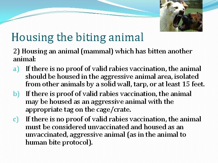 Housing the biting animal 2) Housing an animal (mammal) which has bitten another animal: