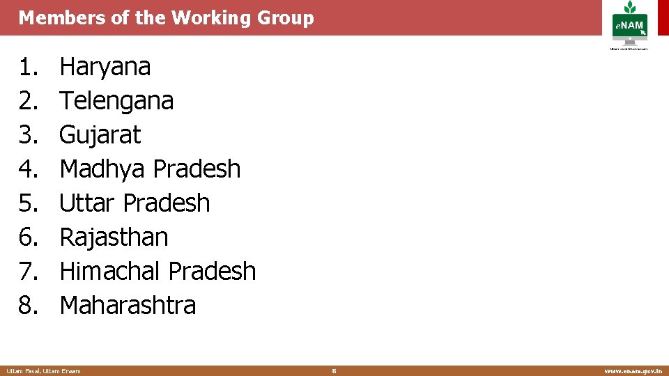 Members of the Working Group 1. 2. 3. 4. 5. 6. 7. 8. Haryana