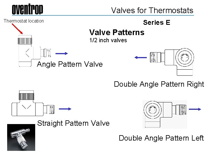 Valves for Thermostats Thermostat location Series E Valve Patterns 1/2 inch valves Angle Pattern