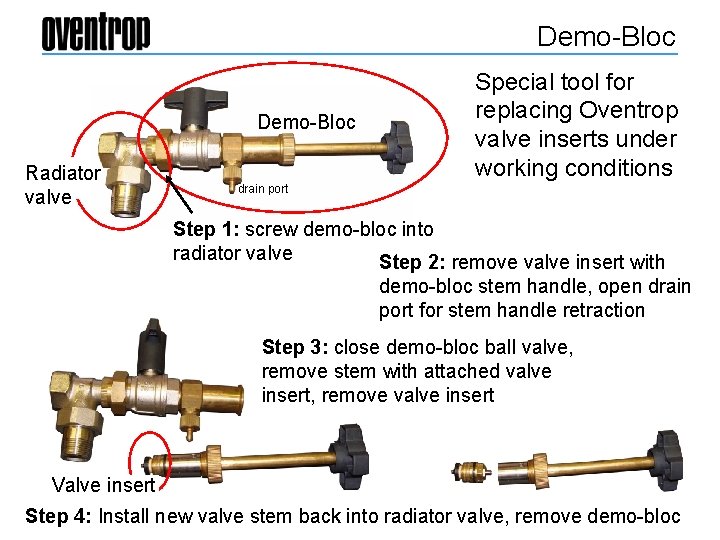 Demo-Bloc Radiator valve Special tool for replacing Oventrop valve inserts under working conditions drain