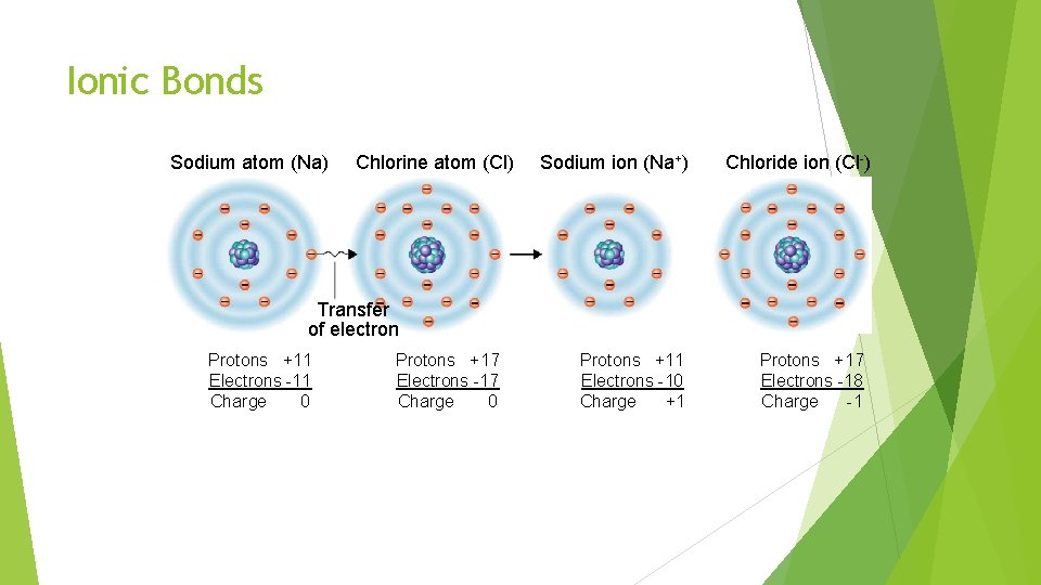 Ionic Bonds Sodium atom (Na) Chlorine atom (Cl) Sodium ion (Na+) Chloride ion (Cl-)