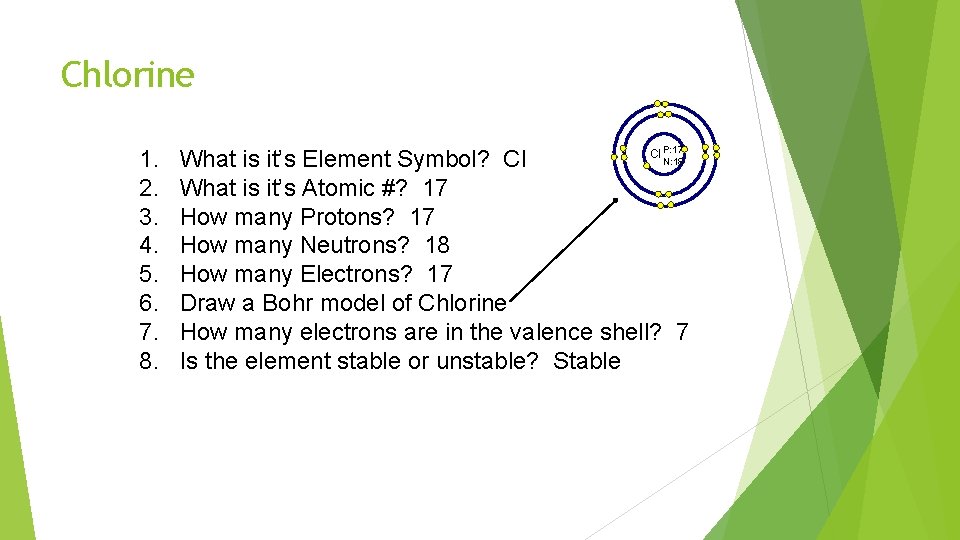 Chlorine 1. 2. 3. 4. 5. 6. 7. 8. P: 17 Cl N: 18