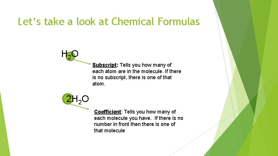 Let’s take a look at Chemical Formulas H 2 O Subscript: Tells you how