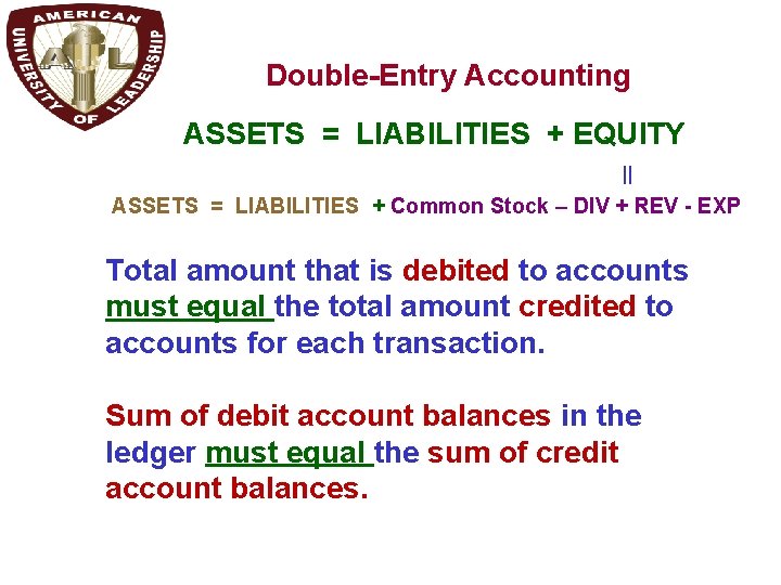 Double-Entry Accounting ASSETS = LIABILITIES + EQUITY || ASSETS = LIABILITIES + Common Stock