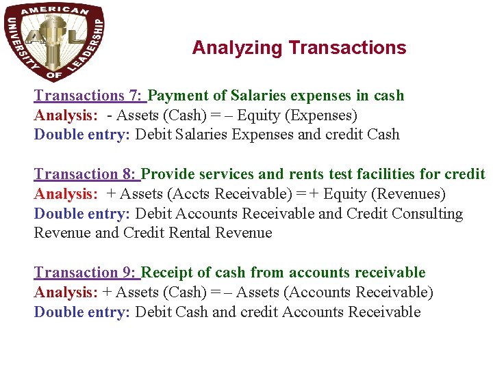 Analyzing Transactions 7: Payment of Salaries expenses in cash Analysis: - Assets (Cash) =