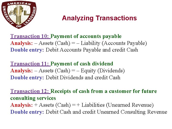 Analyzing Transactions Transaction 10: Payment of accounts payable Analysis: – Assets (Cash) = –