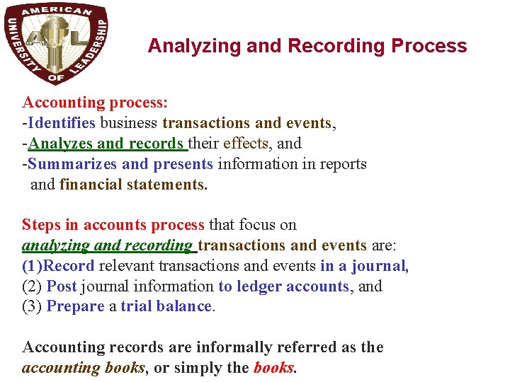 Analyzing and Recording Process Accounting process: -Identifies business transactions and events, -Analyzes and records