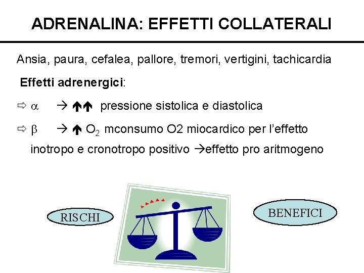 ADRENALINA: EFFETTI COLLATERALI Ansia, paura, cefalea, pallore, tremori, vertigini, tachicardia Effetti adrenergici: pressione sistolica