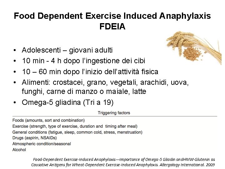 Food Dependent Exercise Induced Anaphylaxis FDEIA • • Adolescenti – giovani adulti 10 min