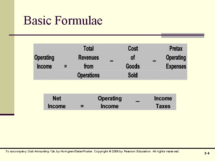 Basic Formulae To accompany Cost Accounting 12 e, by Horngren/Datar/Foster. Copyright © 2006 by