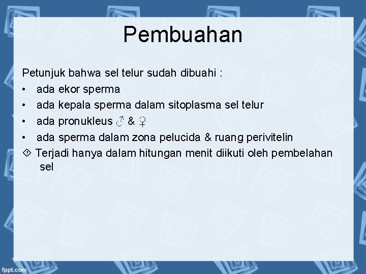 Pembuahan Petunjuk bahwa sel telur sudah dibuahi : • ada ekor sperma • ada