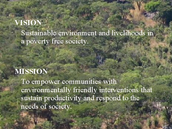 VISION Sustainable environment and livelihoods in a poverty free society. MISSION To empower communities