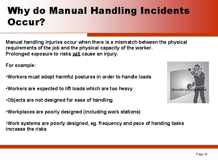 Why do Manual Handling Incidents Occur? Manual handling injuries occur when there is a