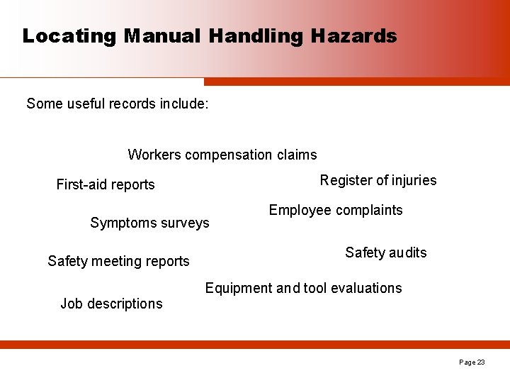 Locating Manual Handling Hazards Some useful records include: Workers compensation claims Register of injuries