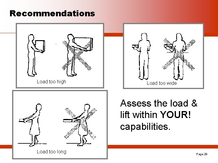 Recommendations Load too high Load too wide Assess the load & lift within YOUR!