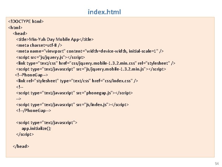 index. html <!DOCTYPE html> <head> <title>Min-Yuh Day Mobile App</title> <meta charset=utf-8 /> <meta name="viewport"