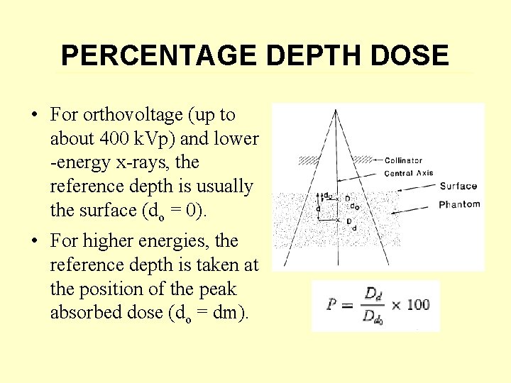 PERCENTAGE DEPTH DOSE • For orthovoltage (up to about 400 k. Vp) and lower