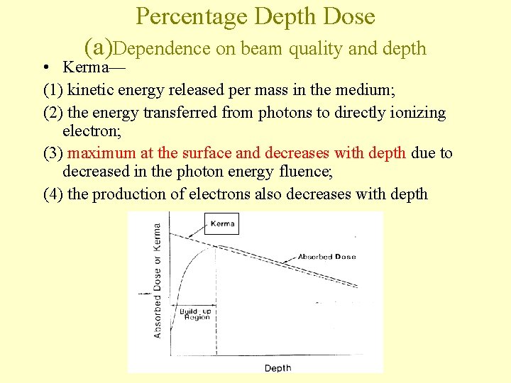 Percentage Depth Dose (a)Dependence on beam quality and depth • Kerma— (1) kinetic energy