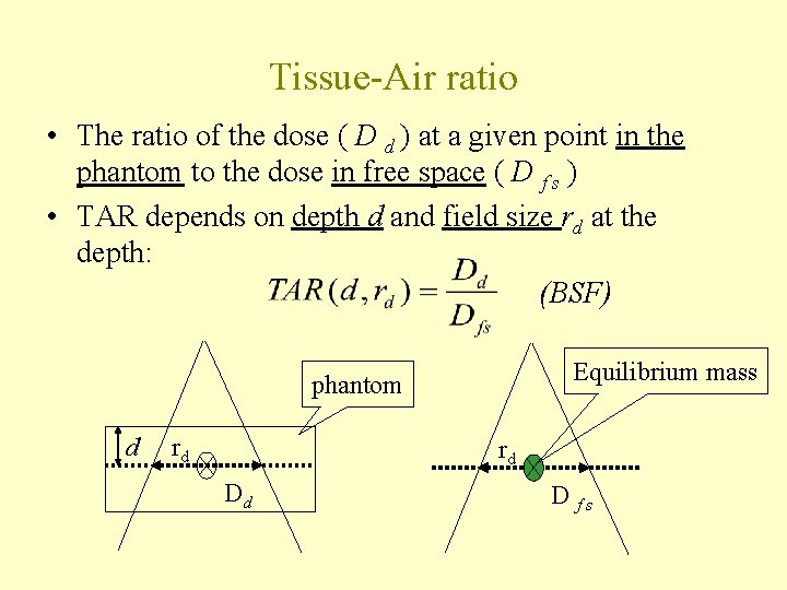 Tissue-Air ratio • The ratio of the dose ( D d ) at a