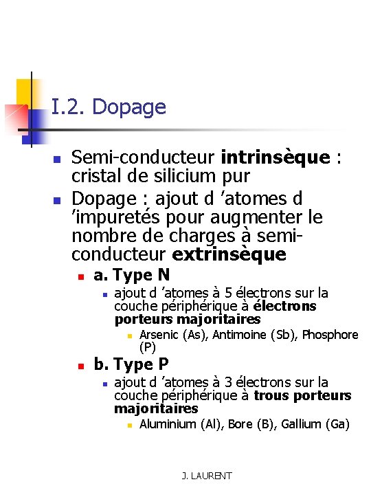 I. 2. Dopage n n Semi-conducteur intrinsèque : cristal de silicium pur Dopage :