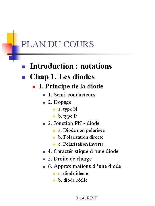 PLAN DU COURS n n Introduction : notations Chap 1. Les diodes n I.